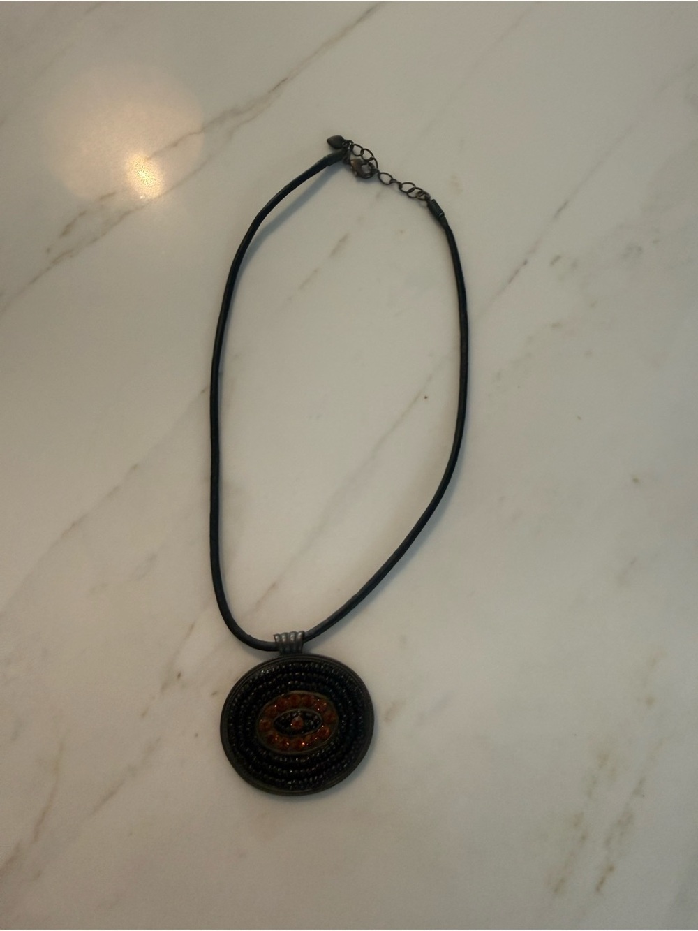 Black Cord Necklace with Round Brown Accent Pendant